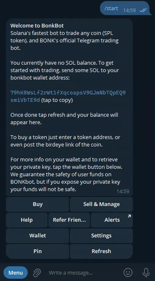 Screenshot for Activez BONKbot avec la commande “/start”